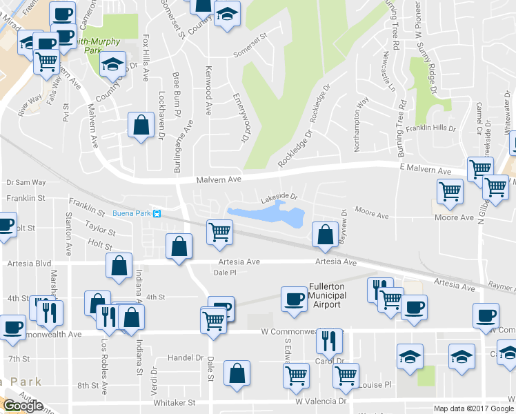 map of restaurants, bars, coffee shops, grocery stores, and more near 18 Lakeside Drive in Buena Park