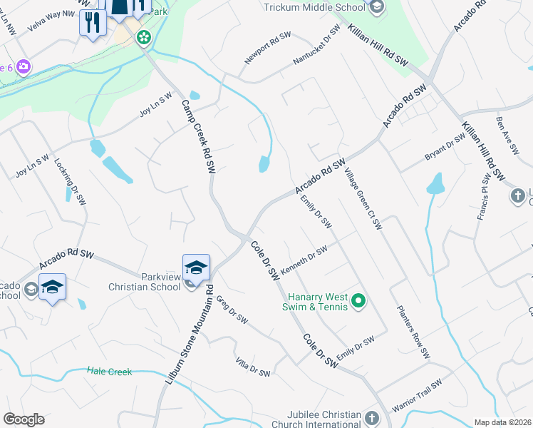 map of restaurants, bars, coffee shops, grocery stores, and more near 4760 Arcado Road Southwest in Lilburn