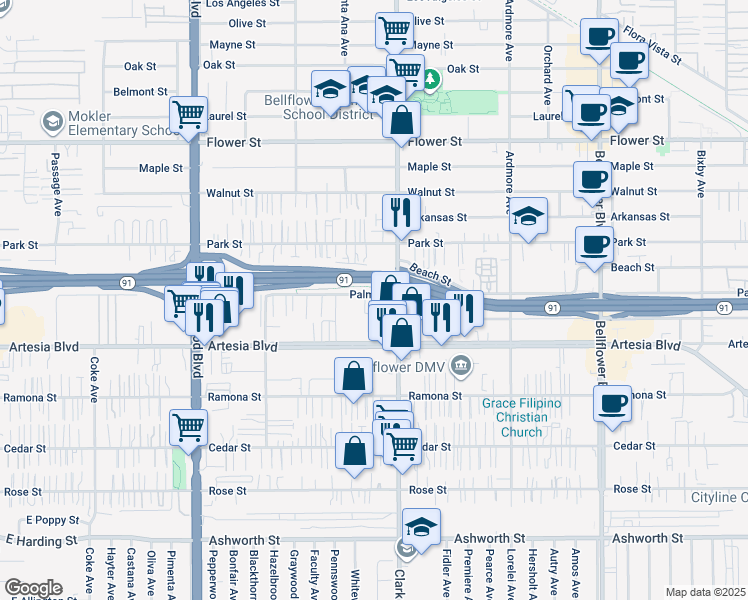 map of restaurants, bars, coffee shops, grocery stores, and more near 9328 Palm Street in Bellflower