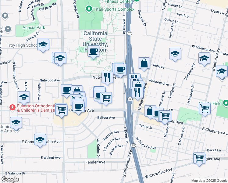 map of restaurants, bars, coffee shops, grocery stores, and more near 629 Langsdorf Drive in Fullerton
