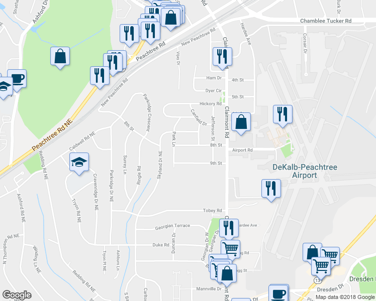 map of restaurants, bars, coffee shops, grocery stores, and more near 1861 8th Street in Chamblee