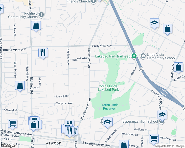 map of restaurants, bars, coffee shops, grocery stores, and more near 5992 Organza Drive in Yorba Linda