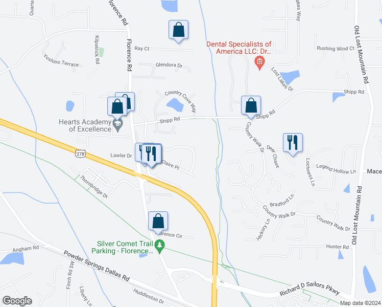 map of restaurants, bars, coffee shops, grocery stores, and more near 4996 Hopeland Drive in Powder Springs