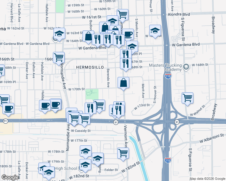 map of restaurants, bars, coffee shops, grocery stores, and more near 17009 New Hampshire Avenue in Gardena
