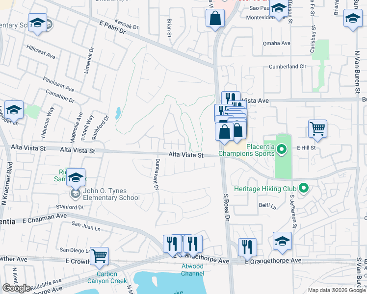 map of restaurants, bars, coffee shops, grocery stores, and more near 615 North Jensen Place in Placentia