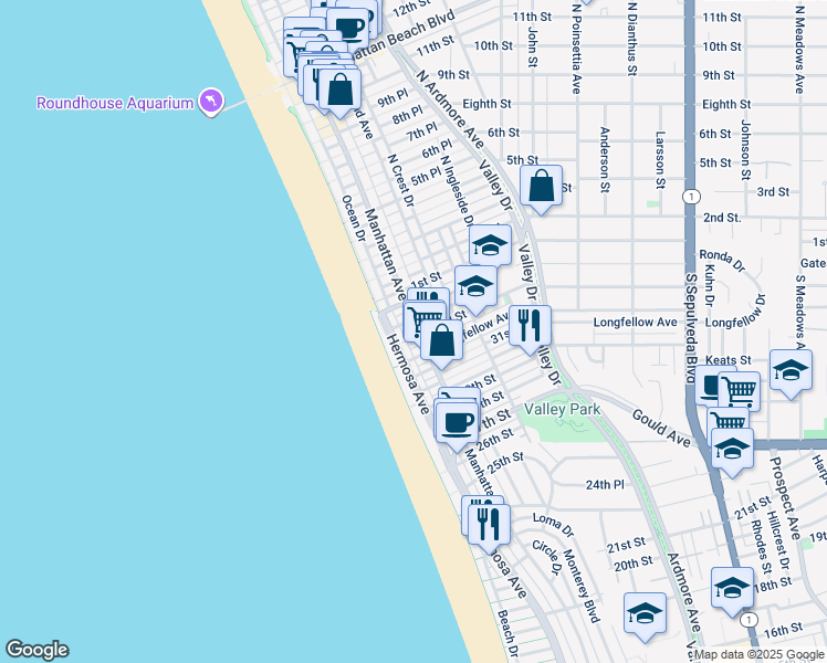 map of restaurants, bars, coffee shops, grocery stores, and more near 137 33rd Street in Hermosa Beach