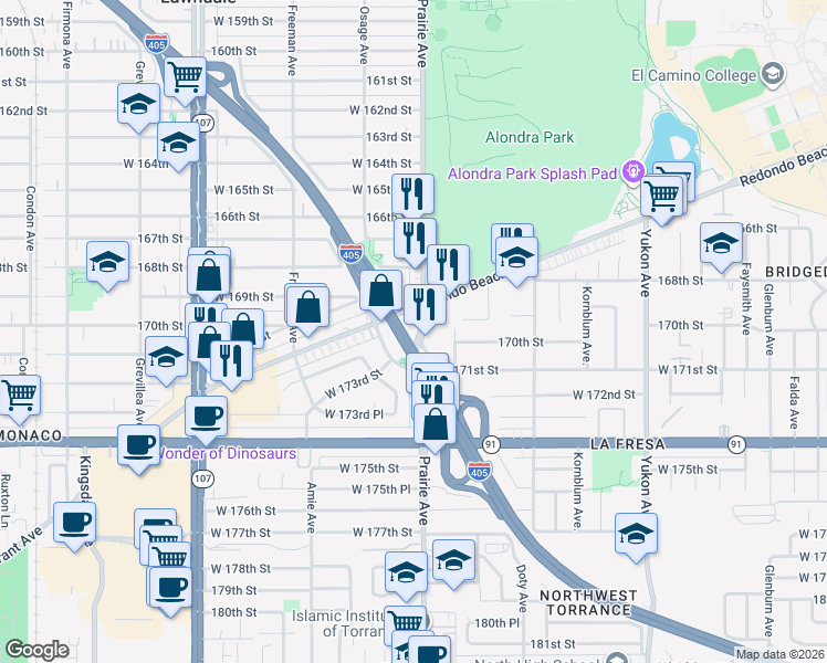 map of restaurants, bars, coffee shops, grocery stores, and more near 17000 Prairie Avenue in Torrance