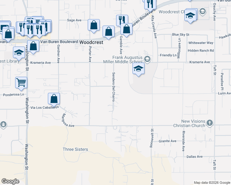 map of restaurants, bars, coffee shops, grocery stores, and more near 16726 Sendero Del Charro in Riverside