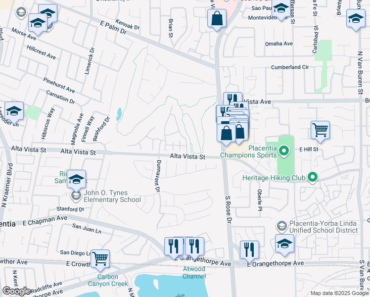 map of restaurants, bars, coffee shops, grocery stores, and more near 615 North Jensen Place in Placentia