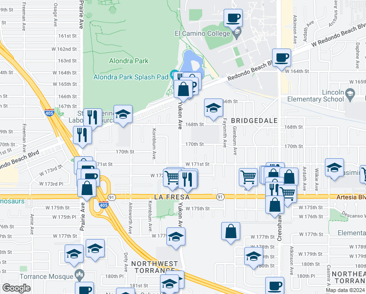 map of restaurants, bars, coffee shops, grocery stores, and more near 17000 Yukon Avenue in Torrance
