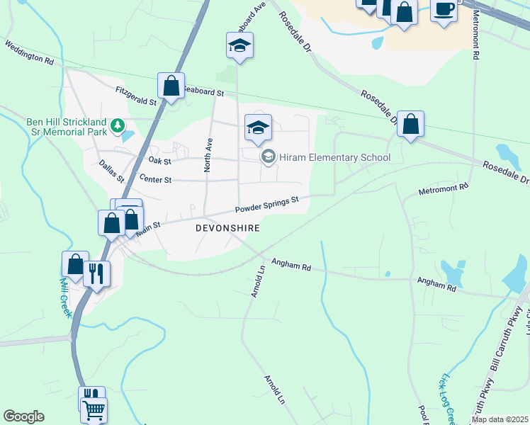 map of restaurants, bars, coffee shops, grocery stores, and more near 208 Powder Springs Street in Hiram