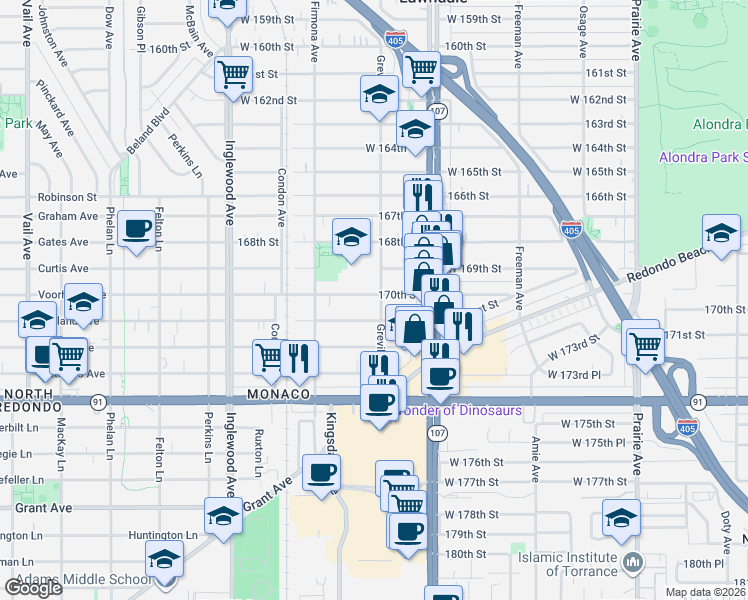 map of restaurants, bars, coffee shops, grocery stores, and more near 4451 West 171st Street in Lawndale