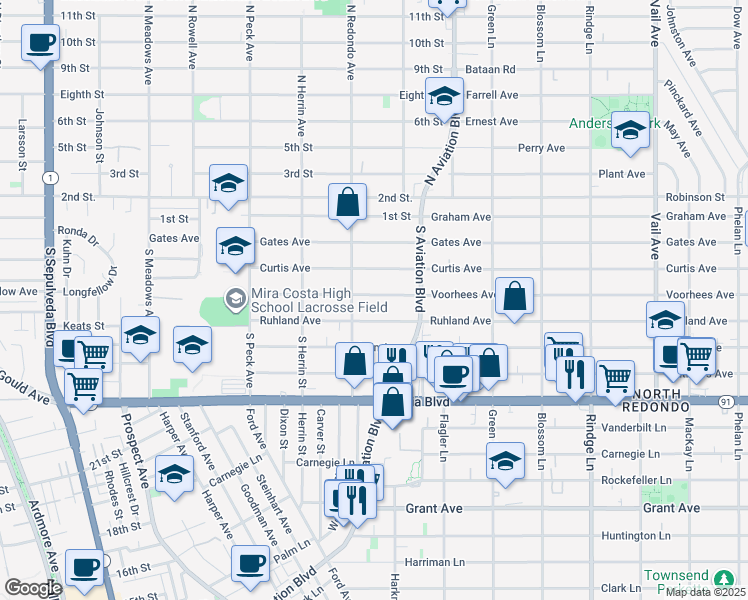 map of restaurants, bars, coffee shops, grocery stores, and more near 1726 Voorhees Avenue in Manhattan Beach
