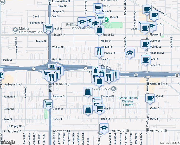 map of restaurants, bars, coffee shops, grocery stores, and more near 9316 Palm Street in Bellflower