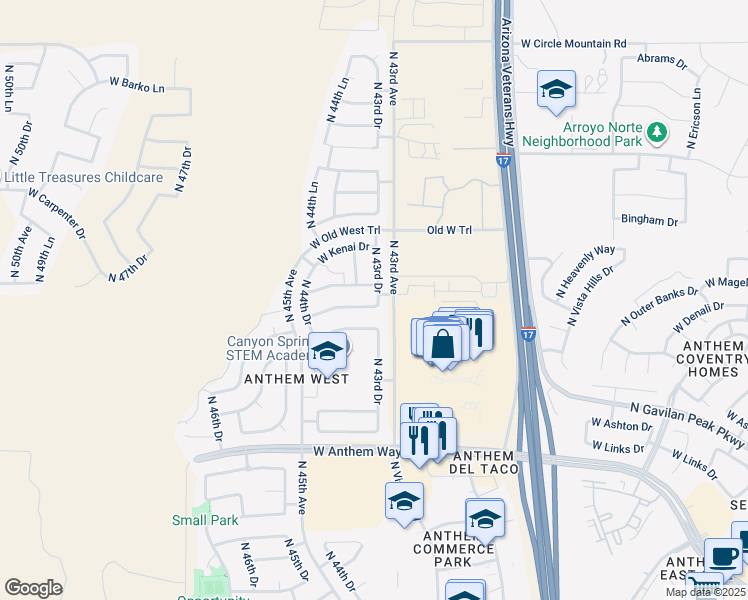 map of restaurants, bars, coffee shops, grocery stores, and more near 4319 West Phalen Drive in Phoenix