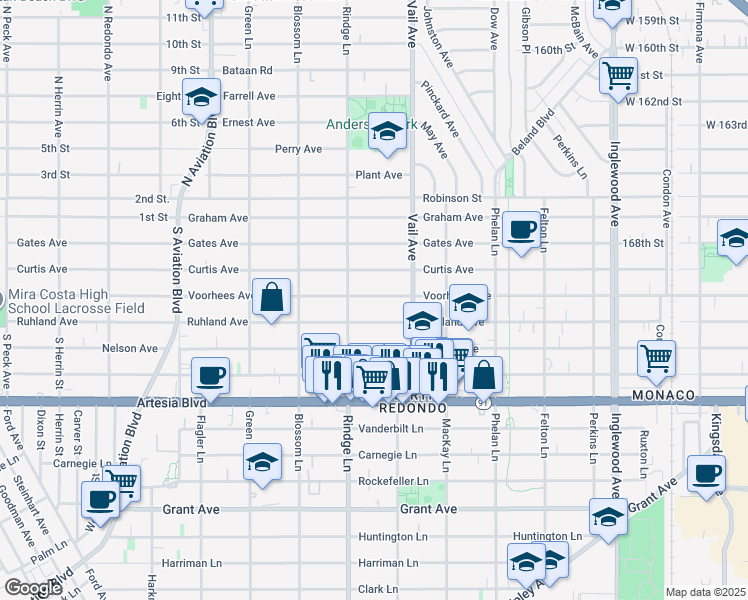 map of restaurants, bars, coffee shops, grocery stores, and more near 2212 Voorhees Avenue in Redondo Beach