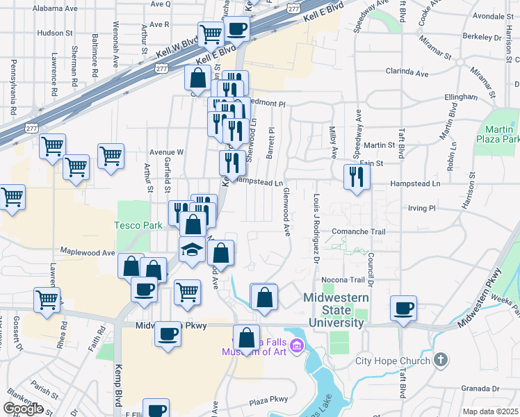 map of restaurants, bars, coffee shops, grocery stores, and more near 3414 Barrett Place in Wichita Falls