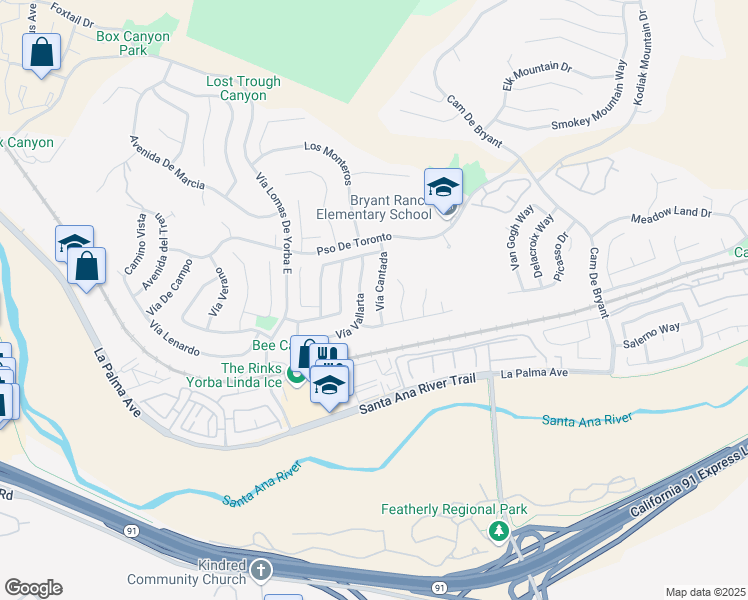 map of restaurants, bars, coffee shops, grocery stores, and more near 5575 Vía Cantada in Yorba Linda