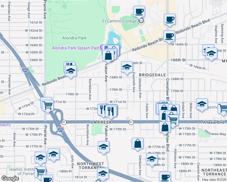 map of restaurants, bars, coffee shops, grocery stores, and more near 3452 170th Street in Torrance