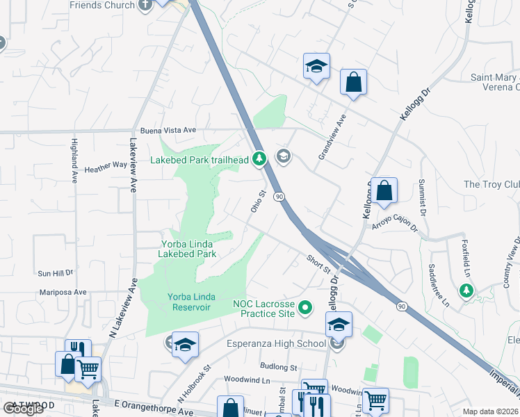 map of restaurants, bars, coffee shops, grocery stores, and more near 5832 Ohio Street in Yorba Linda