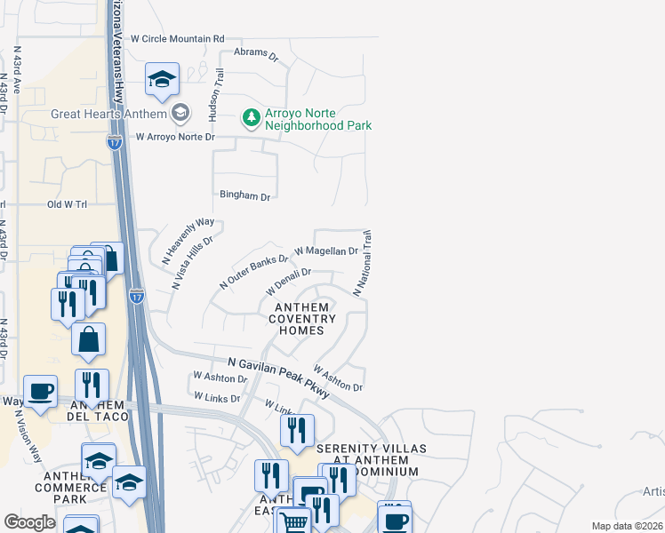 map of restaurants, bars, coffee shops, grocery stores, and more near 3555 West Denali Court in New River