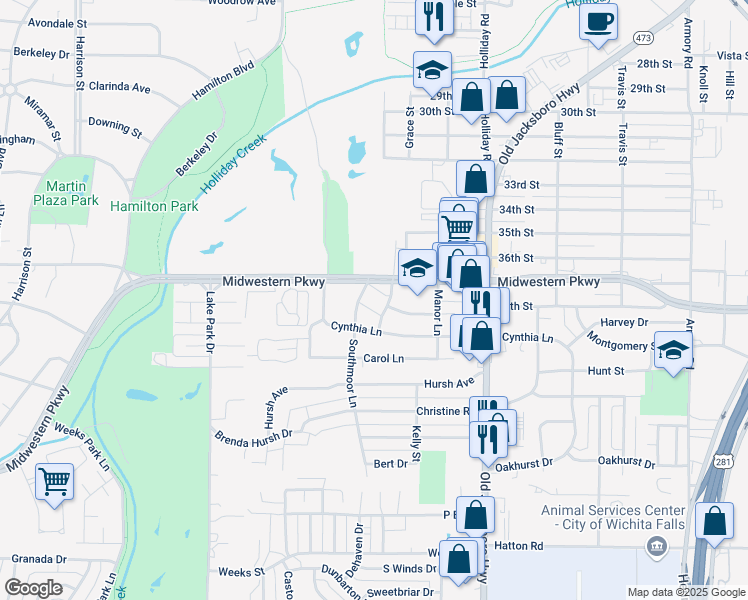 map of restaurants, bars, coffee shops, grocery stores, and more near 3709 Southmoor Lane in Wichita Falls