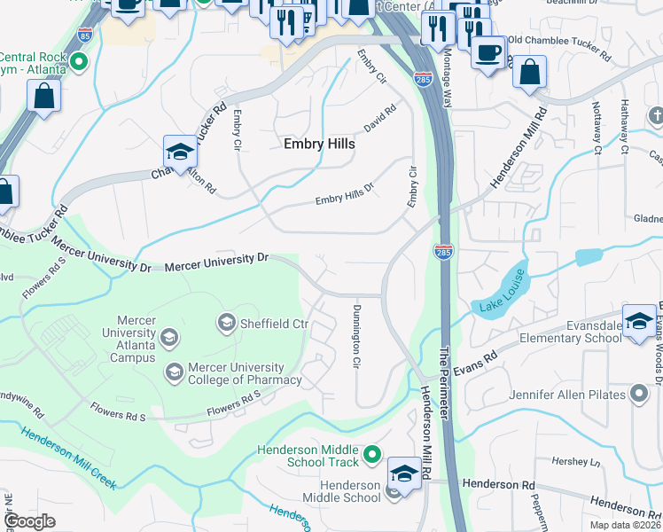 map of restaurants, bars, coffee shops, grocery stores, and more near 3250 Mercer University Drive in Atlanta