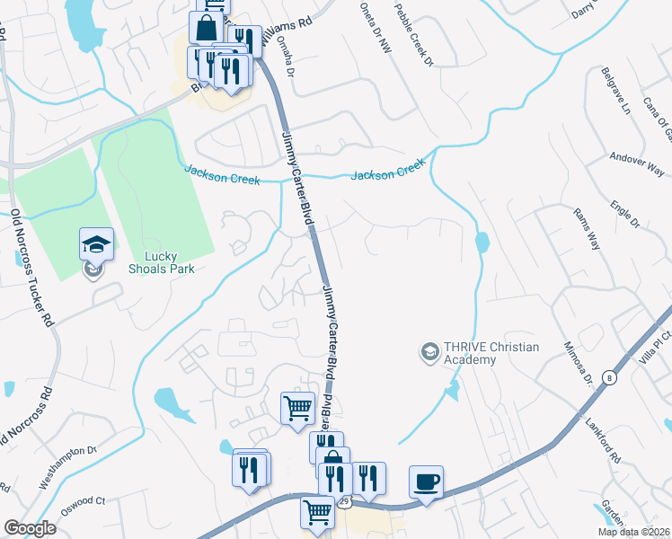 map of restaurants, bars, coffee shops, grocery stores, and more near 521 Villa Court Northwest in Norcross