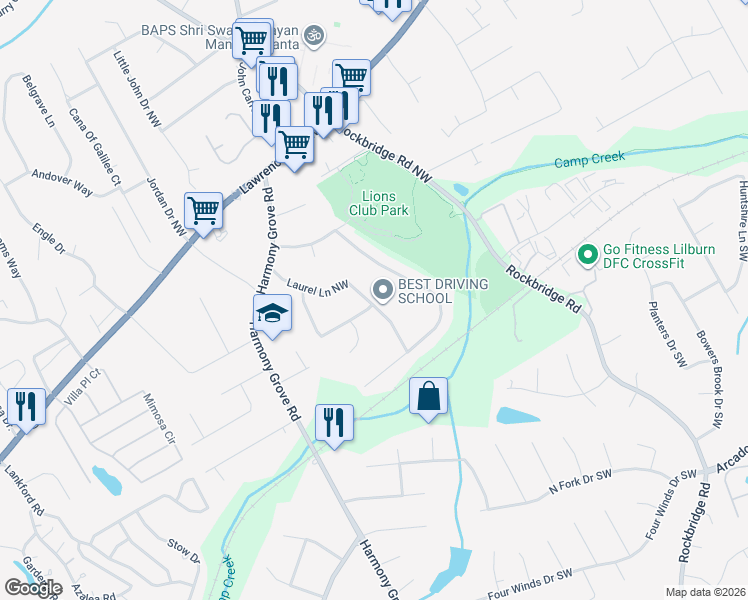 map of restaurants, bars, coffee shops, grocery stores, and more near 5524 Laurel Lane Northwest in Lilburn
