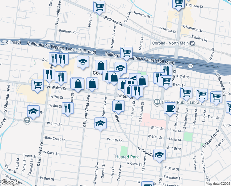 map of restaurants, bars, coffee shops, grocery stores, and more near 598 West Grand Boulevard in Corona