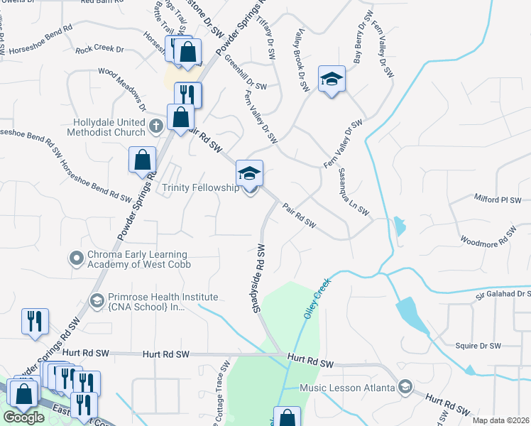 map of restaurants, bars, coffee shops, grocery stores, and more near 3148 Shadyside Road Southwest in Marietta