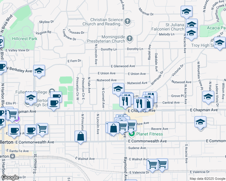 map of restaurants, bars, coffee shops, grocery stores, and more near 542 Stanford Avenue in Fullerton