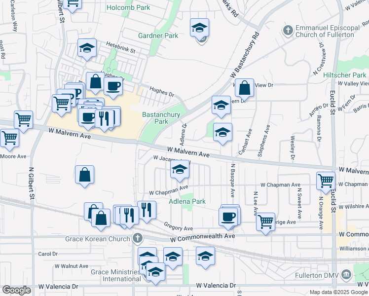 map of restaurants, bars, coffee shops, grocery stores, and more near 1755 West Malvern Avenue in Fullerton