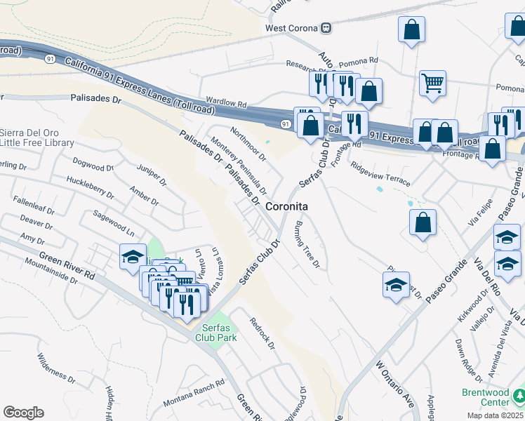 map of restaurants, bars, coffee shops, grocery stores, and more near 2412 Palisades Drive in Corona