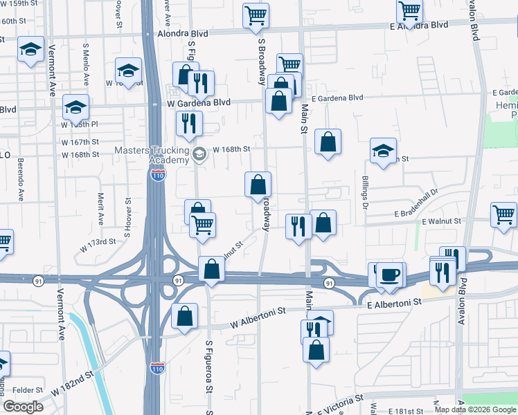 map of restaurants, bars, coffee shops, grocery stores, and more near 17111-17155 Broadway in Gardena