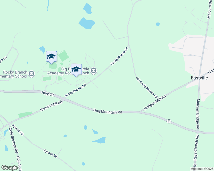 map of restaurants, bars, coffee shops, grocery stores, and more near 1192 Rocky Branch Road in Bogart