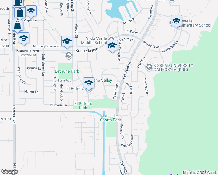 map of restaurants, bars, coffee shops, grocery stores, and more near 16819 Calle Pinata in Moreno Valley