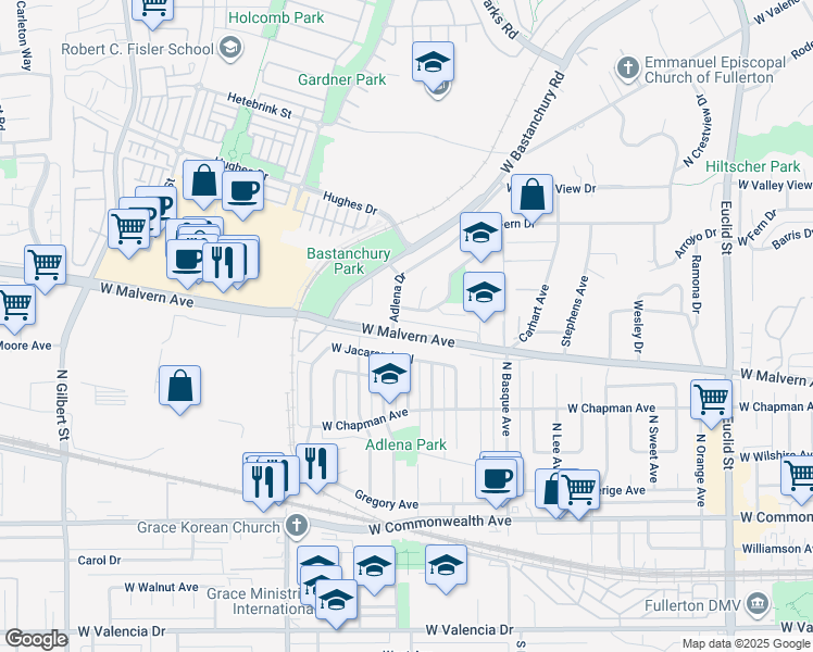 map of restaurants, bars, coffee shops, grocery stores, and more near 1725 West Malvern Avenue in Fullerton