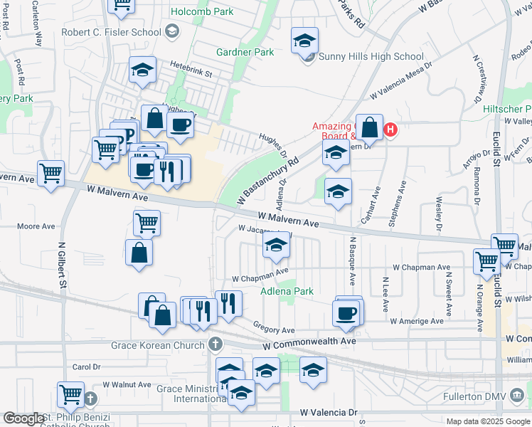 map of restaurants, bars, coffee shops, grocery stores, and more near 1755 West Malvern Avenue in Fullerton