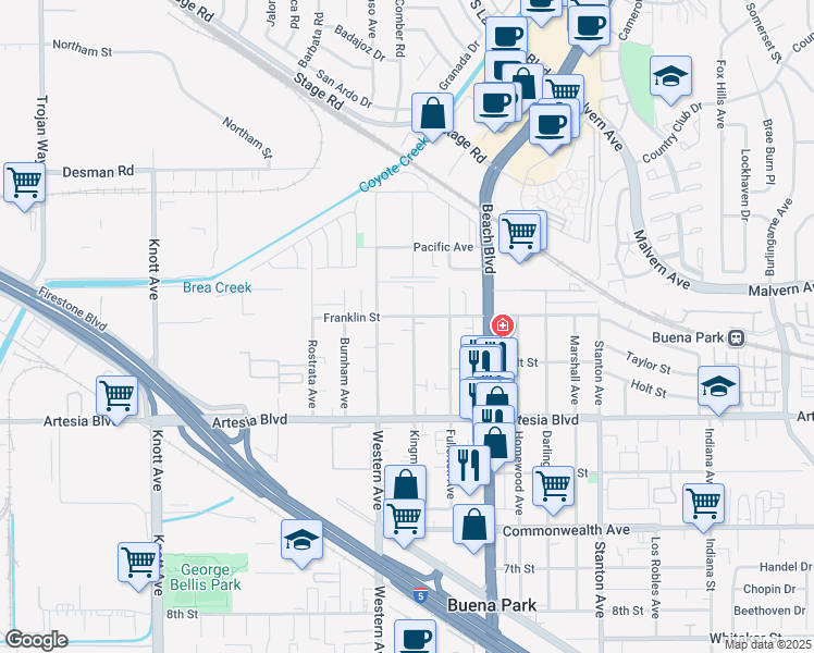 map of restaurants, bars, coffee shops, grocery stores, and more near 5812 Western Avenue in Buena Park