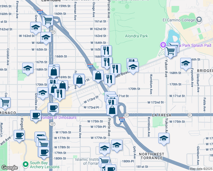 map of restaurants, bars, coffee shops, grocery stores, and more near 17000 Prairie Avenue in Torrance