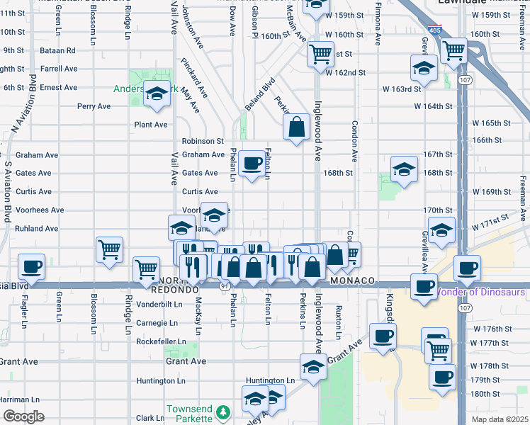 map of restaurants, bars, coffee shops, grocery stores, and more near 2517 Ruhland Avenue in Redondo Beach