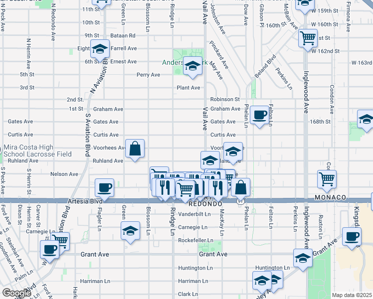 map of restaurants, bars, coffee shops, grocery stores, and more near 2212 Voorhees Avenue in Redondo Beach