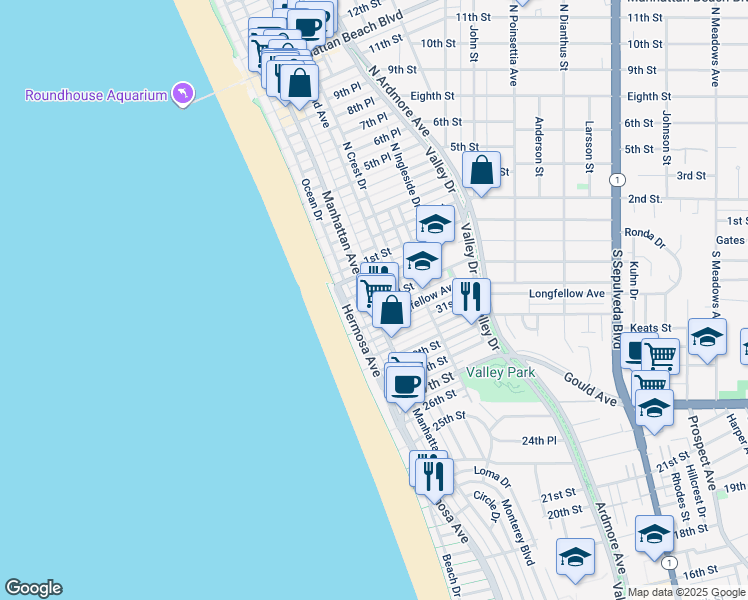 map of restaurants, bars, coffee shops, grocery stores, and more near 3236 Hermosa Avenue in Hermosa Beach