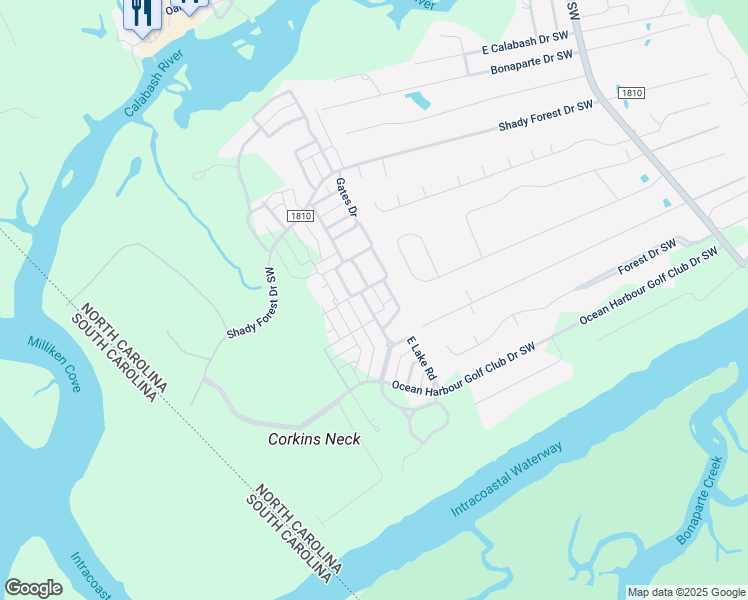 map of restaurants, bars, coffee shops, grocery stores, and more near 9142 Devaun Park Boulevard in Calabash