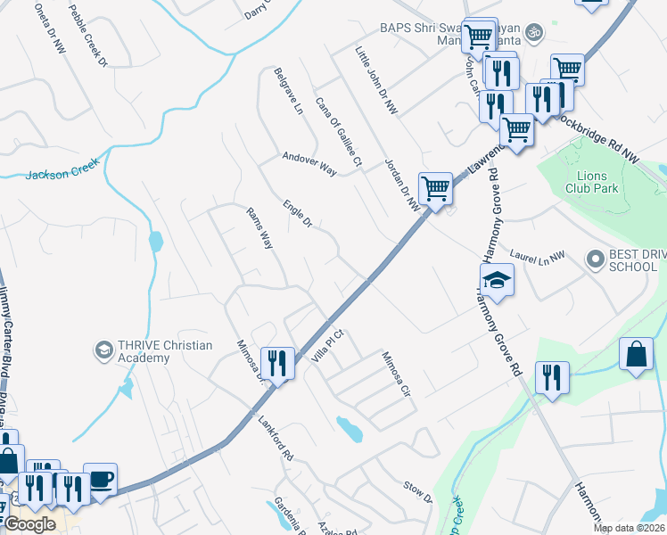map of restaurants, bars, coffee shops, grocery stores, and more near 301 Parkview Manor Drive in Tucker