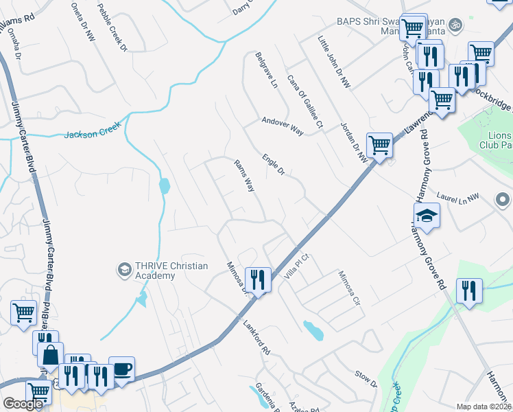 map of restaurants, bars, coffee shops, grocery stores, and more near 5743 Poppy Tree Lane in Tucker