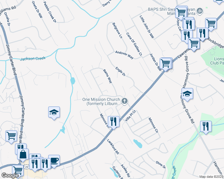 map of restaurants, bars, coffee shops, grocery stores, and more near 350 Rams Way in Tucker