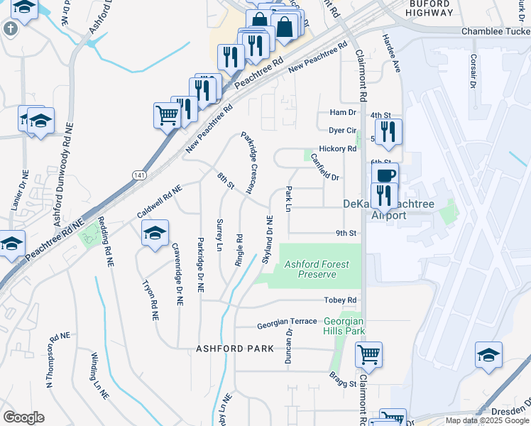 map of restaurants, bars, coffee shops, grocery stores, and more near 3054 Skyland Drive Northeast in Atlanta