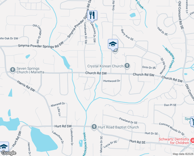 map of restaurants, bars, coffee shops, grocery stores, and more near 3194 Foxwood Trail Southeast in Smyrna
